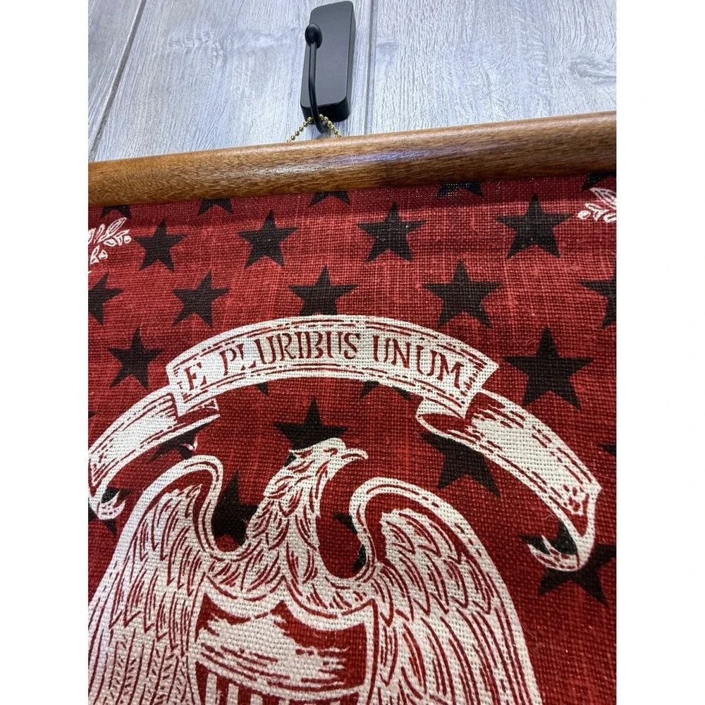 Vintage Americana E Pluribus Unum Eagle Wall Hanging Scroll Burlap Wood Frame